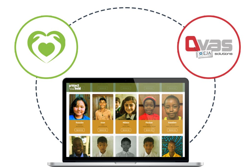 Project Held red een kind pagina op een laptop scherm - Logo van het OVAS CRM - Logo van Nofam Kindsponsoring platform.