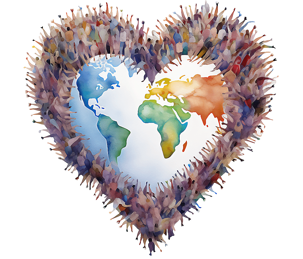 Afbeelding van de wereld in hart vorm met daarom mensen met hun handen in de lucht.