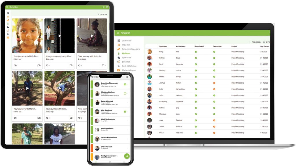 An iPad tablet, a mobile phone and a laptop showing the Nofam app and admin environment.